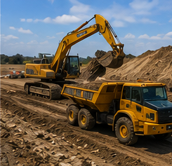 Excavator and dump truck grading a development site