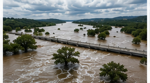 Aerial view of floodwater along a Hill Country creek crossing