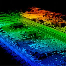 Colorized LiDAR point cloud scan of a residential area