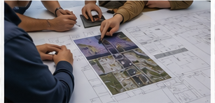 Team reviewing a site plan for construction staking