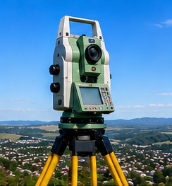 Total station survey equipment set up for construction staking